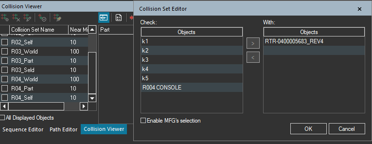 Process Simulate Collision Viewer and Collision Set Editor with Check and With lists for a self-collision set