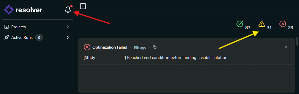 Resolver notifications panel with navigation and filters
