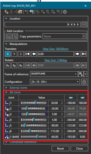 Robot Jog with external joints section