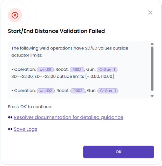 Start/End Distance Validation Failed dialog example