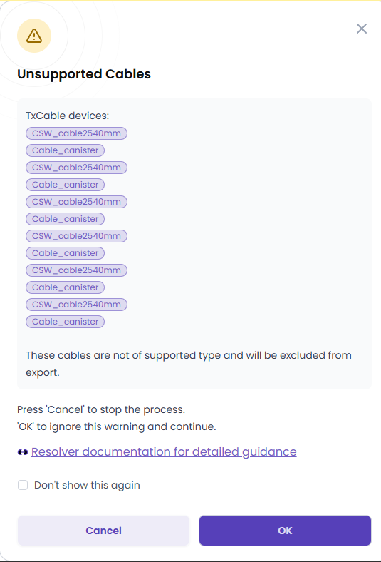 Unsupported cables warning with export dynamic link attachments enabled